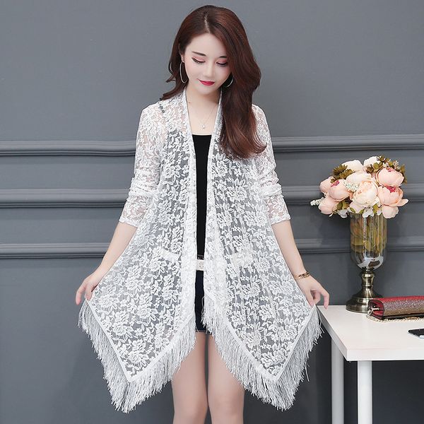 2019 Summer Cape Plus Size Women Lace Floral Priinted Long Sleeve Full Length Cardigan Coat With Tassel White Black From Tradeclothes2017 8 82