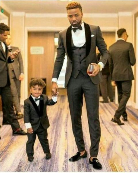 

groom tuxedos mens wedding suits black velvet shawl lapel man blazer 3piece jacket trousers vest single breasted body suits children clothes, Black;gray