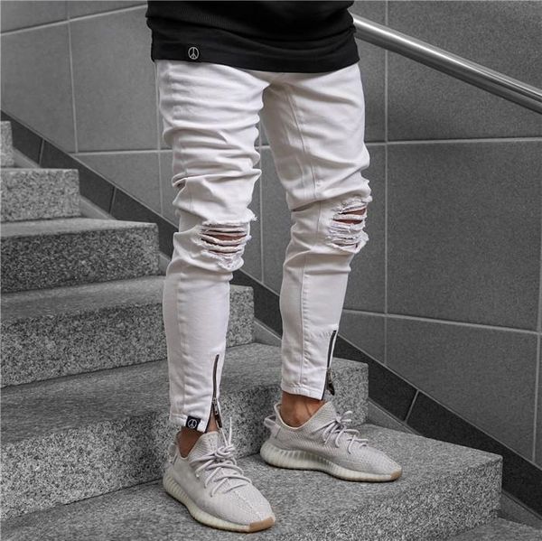 

mens white ripped jeans fashion summer zipper casual pencil pants skinny mid waist jeans mens apparel, Blue