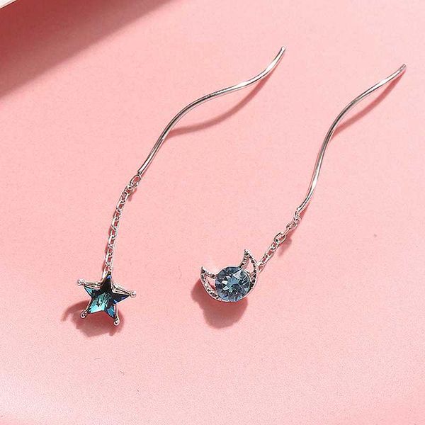 

lism real silver 925 sterling silver korean style blue asymmetric star moon ear line for lady 2020 new design long drop earrings