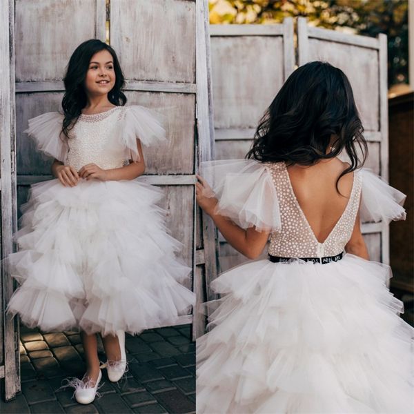 

cute white flower girl dress jewel sleeveless applique beaded pageant gowns knee-length tiered tulle custom made birthday gown, White;blue