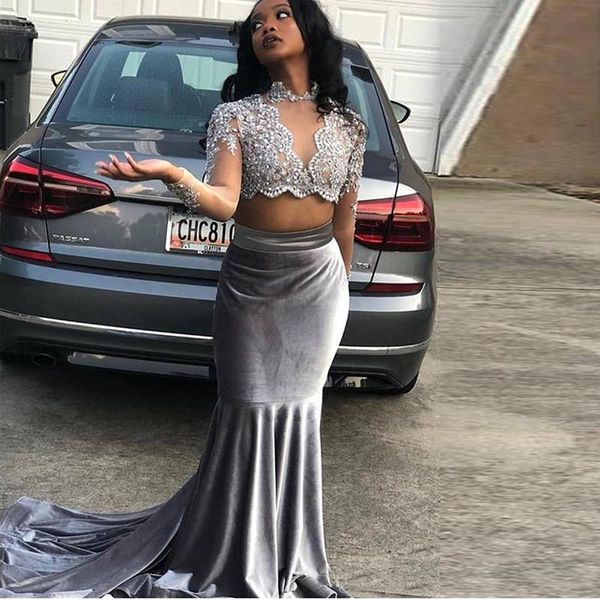 

2020 two pieces mermaid prom dresses long sleeves lace applique velvet african evening gowns party wear black girl dresses