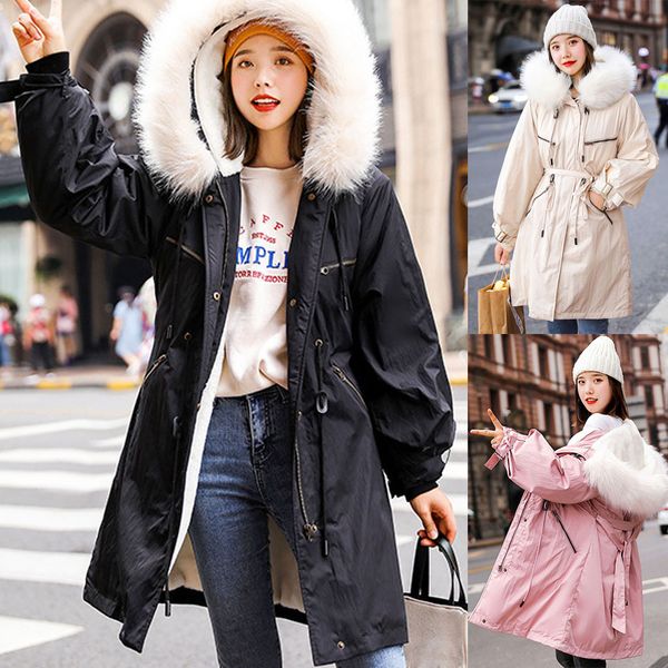 

solid color korean version of large fur collar drawstring waist in the long section loose cotton jacket cotton jacket coat women, Black