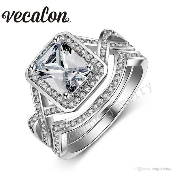 

vecalon обручальное кольцо набор для женщин принцессы вырезать 4ct имитации алмазов cz 10kt белого золота заполненные кольца женщина engagem, Slivery;golden