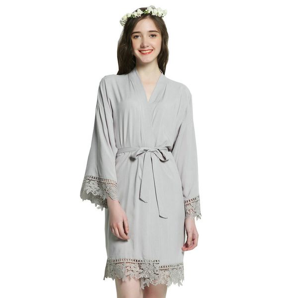 

yuxinbridal rayon new solid cotton кимоно одеяние с кружевной отделкой женщины свадебного robe коротких пояса халат пижама 002, Black;red