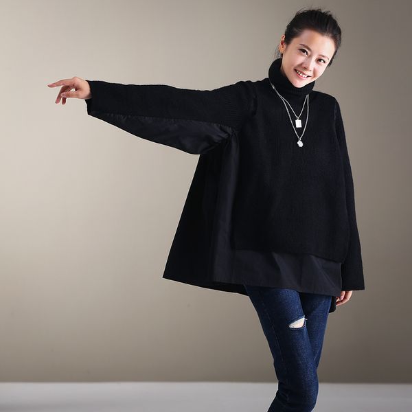 

m8795 art age stitching wool knit false two blouse loose thin high neck sweater female, White;black