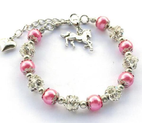 

new 10pcs/lot 8mm simulated pearls handmade rhinestone horse charm bracelet jewelry horses lover beaded charm bracelet jewelry, Golden;silver