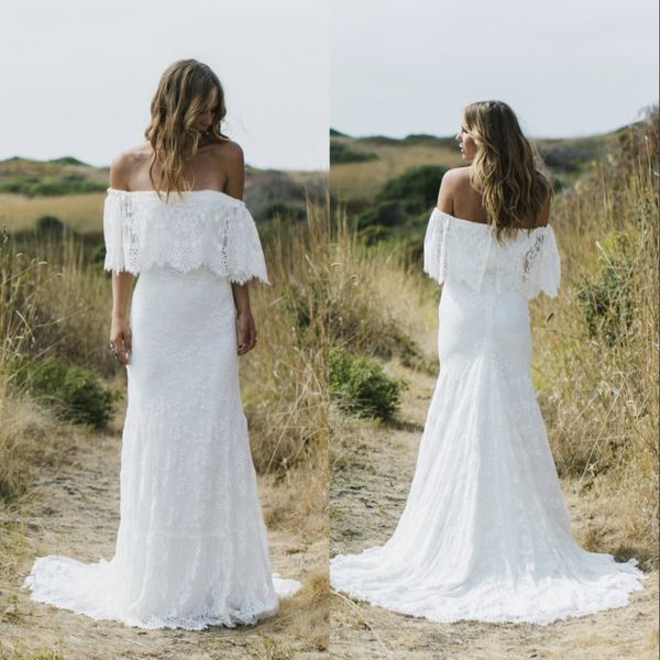 

2019 full lace country boho mermaid wedding dresses off the shoulder short sleeves beach bohemian bridal gowns plus size, White