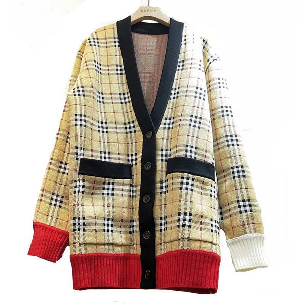 

14 2020 весна бренд же стиль свитер обычный кардиган v образным вырезом роскошный свитер плед панелями женская одежда цянь, White;black