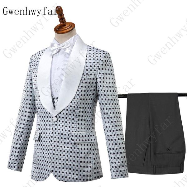 

2020 latest design costume homme with 2 color dots wedding dress suit for bridegroom banquet dinner male tuxedo jacket vest pant, White;black