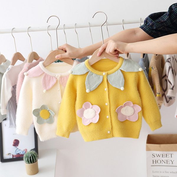 

2019 sweet fashion autumn winter girls kids baby infants knitwear kint flower balls cardigan sweater outwear coat s9513, Blue