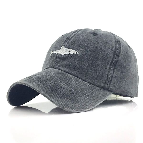 

shark embroidered baseball cap solid color curve along leisure cotton wash cap new style retro design street hat for tide male and female, Blue;gray
