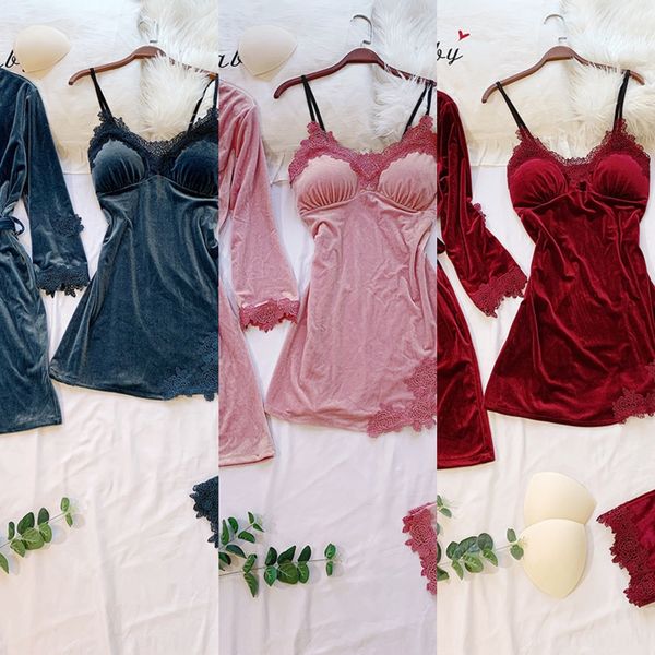 

yk3yn gold velvet home clothes four-piece suit season velvet suit female four-piece pajamas home clothes pajamas nightgown thickened ni, Blue;red