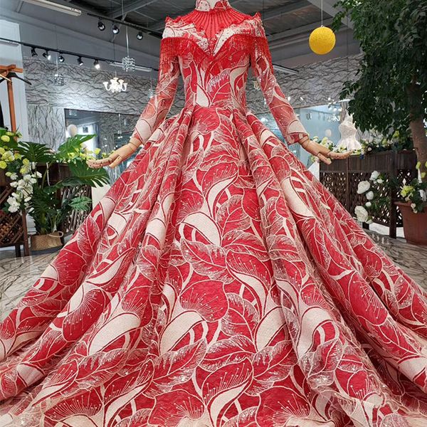 

2019 luxury saudi arabia evening dresses long sleeve high neck lace up back hand made 3d floral applique pattern crystal garden prom gowns, Black;red