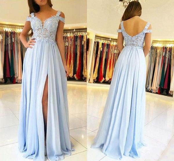 

2019 light blue lace appliques a-line bridesmaid dress maid of honor chiffon side split wedding guest gown plus size prom party dress, White;pink