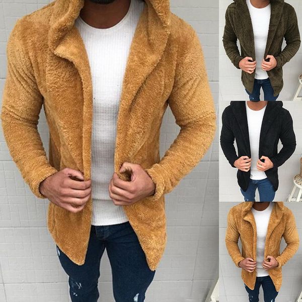 

men fashion winter thick warm hooded jacket coats men cardigan fur plush solid color jacket causal open stitch coats 2019 new, Black