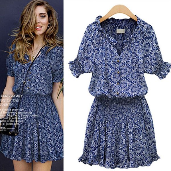 

new arrival summer auutmn v neck women mini dress floral print short sleeve dresses party vestido, Black;gray