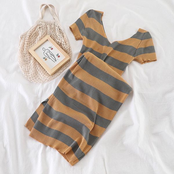 

casual dresses 2021 summer striped women v-neck slim knee-length lady elegant pulls preppy style quality, Black;gray
