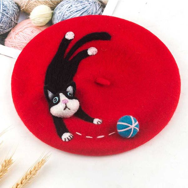 

vintage handmade wool felt women warm caps cute cat ladies beret hat autumn winter christmas painter style hat new year's gift, Blue;gray