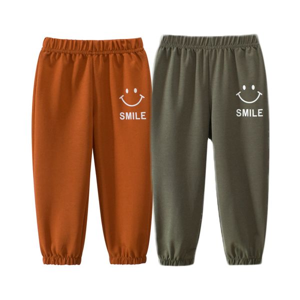 

детские детские твердые брюки хлопок повседневные длинные брюки письмо улыбка брюки полная длина свободный принт плиссированные резинки брюк, Blue