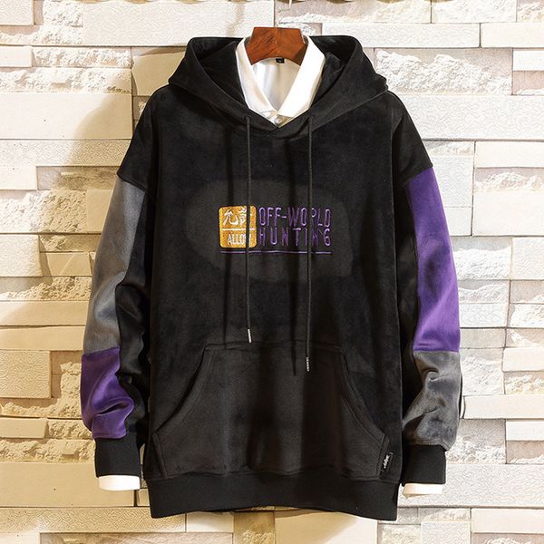 

trend hip hop long sleeves hoodies men's casual fashion printing patchwork hoodie wild men sweatershirt, Black