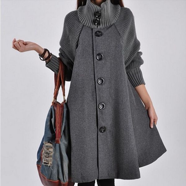 

2019 high long women large coat winter jacket collar size wool ladies single-breasted woman loose wool blends coat, Black