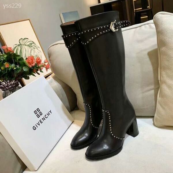 

classic thick-heeled long women but knee leather studded knight boots black mid-heeled long sleeves handsome motorcycle boots