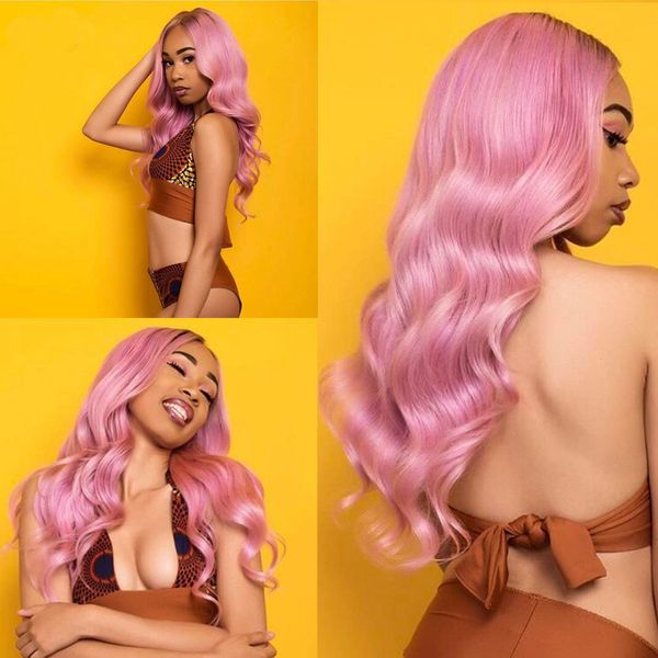 

12a human hair lace front wigs ombre pink color brazilian remy hair wave with preplucked bleached knots natural hairline, Black;brown