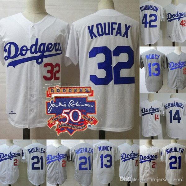 

Mens Dodgers Jerseys 1958 Sandy Koufax Jackie Robinson 50th Patch Enrique Hernandez Max Muncy Walker Buehler Los Angeles Baseball Jerseys