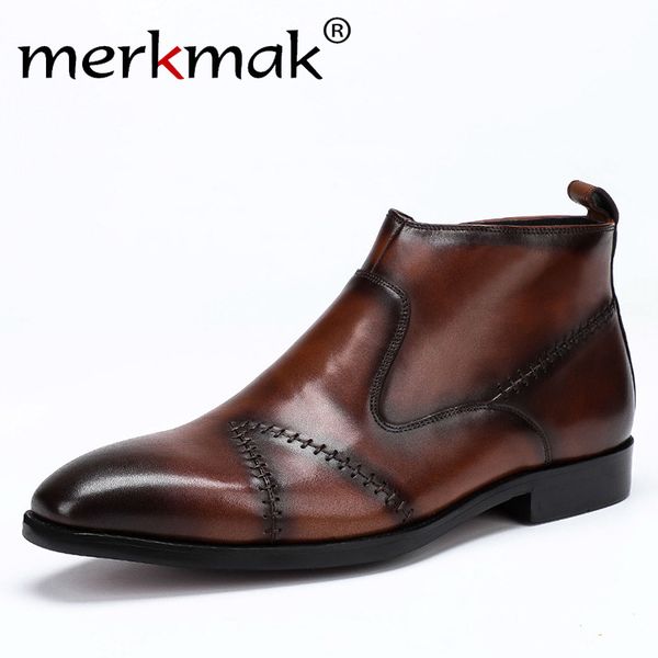 

merkmak cow leather men ankle boots genuine leather boots handmade high-pointed zip toe party fashion shoes men, Black