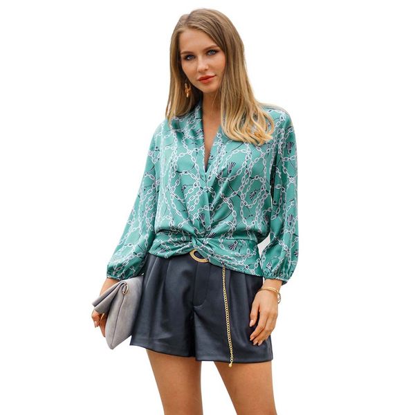 

qpfjqd women long sleeve cross v neck chain printed female slim body blouse shirt ladies casual blusas spring summer, White