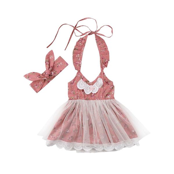 

toddler baby girls sleeveless dress party princess floral sundress outfit lace dresses with headband 2pcs cilothes set, Red;yellow