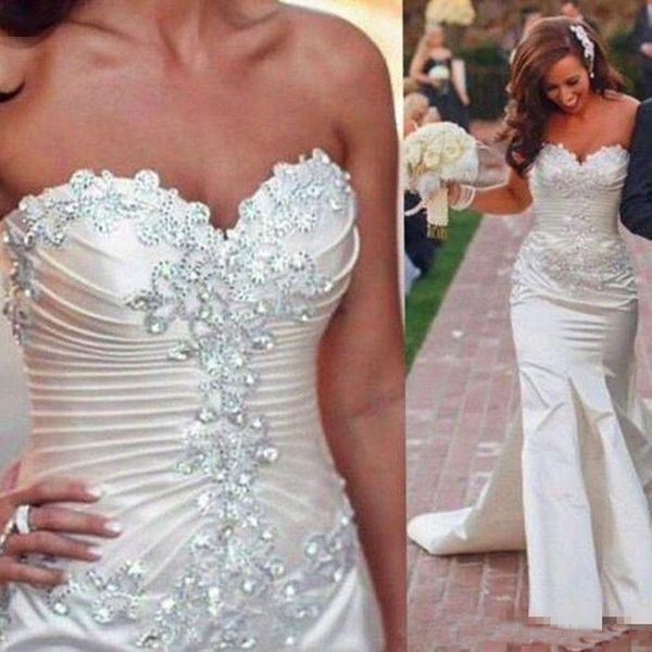 

2019 Mermaid Wedding Dresses Lace Applique Beaded Sweetheart Neckline Sweep Train Custom Made Plus Size Wedding Gowns
