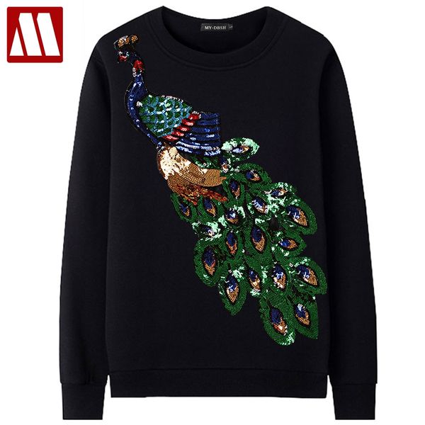 

new streetwear style sequined peacock hoodies men women casual sweatshirts fashion hip hop mens clothing tracksuits pullovers, Black