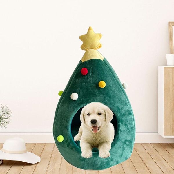 

cute dog warm sleeping beds portable kitten puppy breathable nest soft xmas tree shape pp cotton foldable pet kennel house new