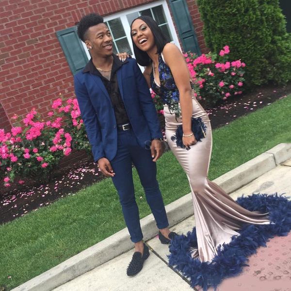 

navy blue feather plus size mermaid african prom dresses for black girls halter v neck backless dos de gala party gown