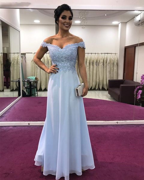

light blue off shoulder prom dresses long 2019 a-line lace appliques zipper back chiffon evening party gown robe de soiree cheap, Black