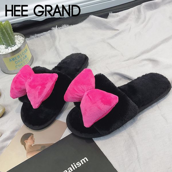 

hee grand butterfly-knot slippers sweet flats shoes woman slip on winter warm women slides candy colors size 36-41 xwt1385, Black