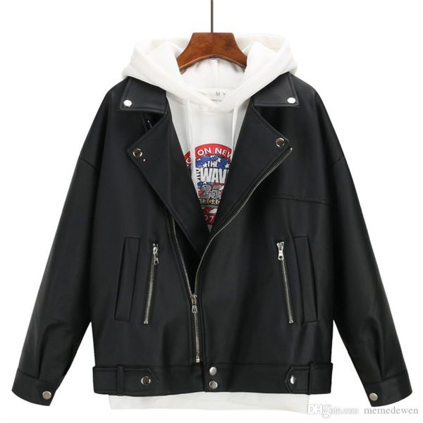 

мягкая кожа pu свободная куртка женщин черный байкер мотоцикл пальто короткие кожезаменитель streetwear женский punk стиль boyfriend nz19.9, Black