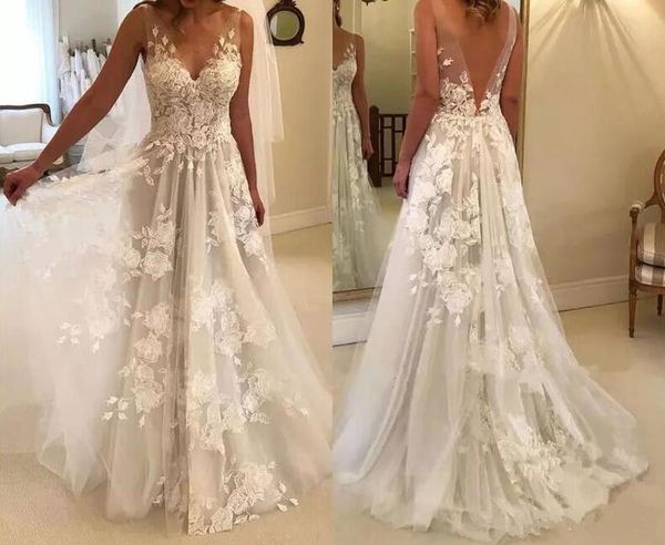 

Ve tido de noiva 2019 plu ize wedding dre e long v neck bride gown back deep v applique a line wedding gown