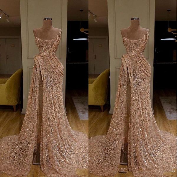 

2020 new arrival long train gold mermaid evening dresses high split pageant dress formal prom gowns robe de soiree abendkleider, Black;red