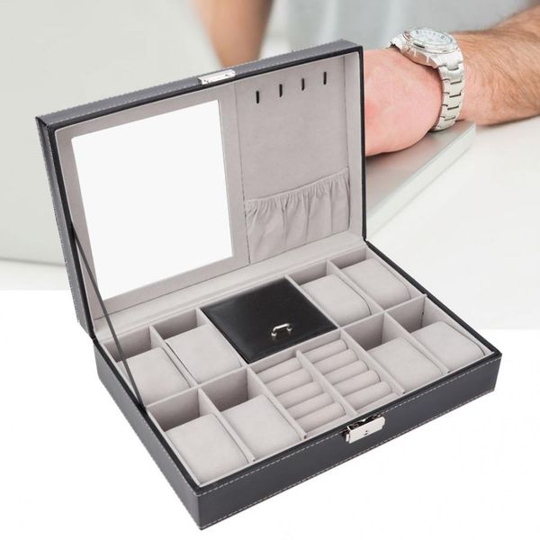 

8grids jewelry watch box case display storage collector organizer with mirror watch holder jewelry box, Black;blue