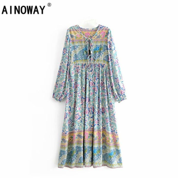 

vintage chic women vestidos lace-up tassel floral print beach long bohemian midi dress ladies rayon cotton summer boho dress, Black;gray