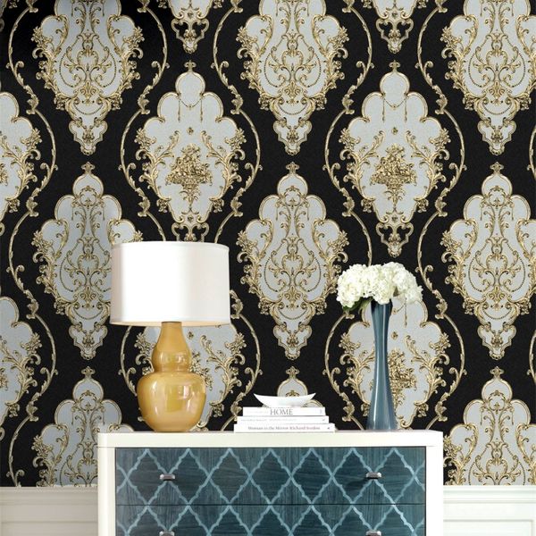 

european luxury retro black damascus stamping pvc wallpaper living room bedroom cafe background corridor hallway wallpapers
