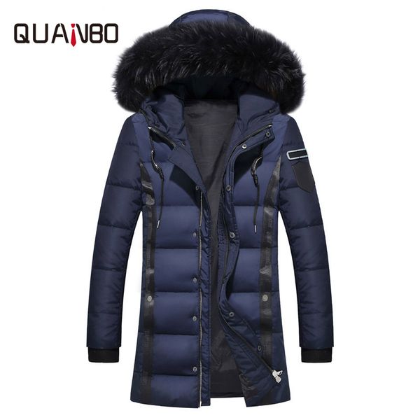 

quanbo 2019 new men long slim fit zipper белую утка вниз coattop качества с капюшоном енот мехового воротника толстой теплой повседневной ши, Black