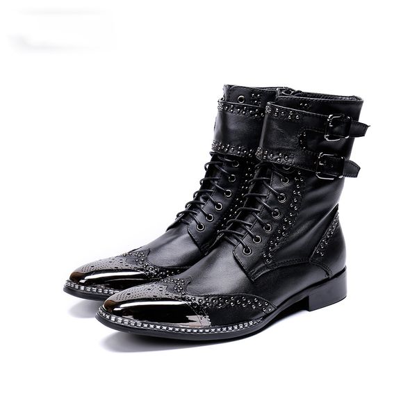 Marke Neue Männer Schuhe Spitz Metall Spitze Ritter Boot Männer zapatos de hombre Schwarz Echtes Leder Kampf Stiefel Männer