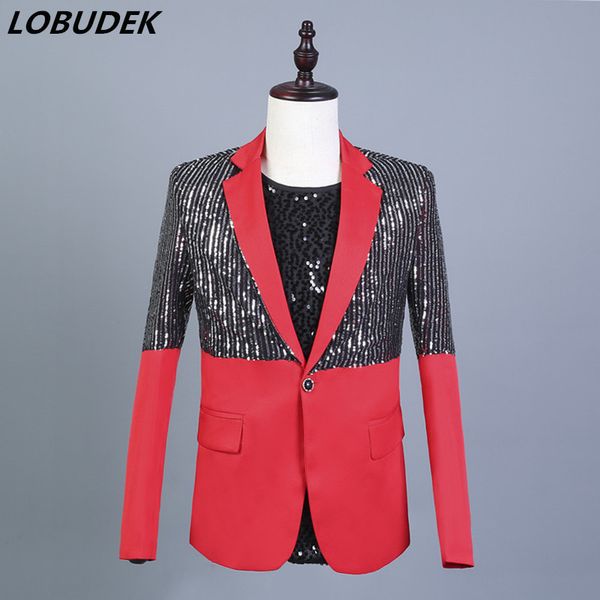 

reflector red black splicing suit jacket men's sequins blazers stage clothing bar nightclub dj singer host performance costume, White;black