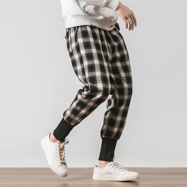 

autumn new men's popular large size fashion youth plaid cotton personality temperament wild loose slim casual trousers, Black
