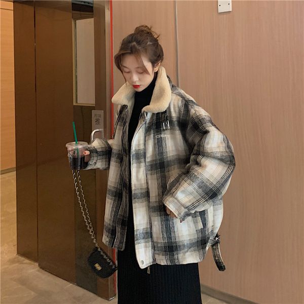 

wavsdiyier korean plaid wool coat jacket women woman autumn winter 2020 new lady clothing lamb cotton thick outwear female new, Black