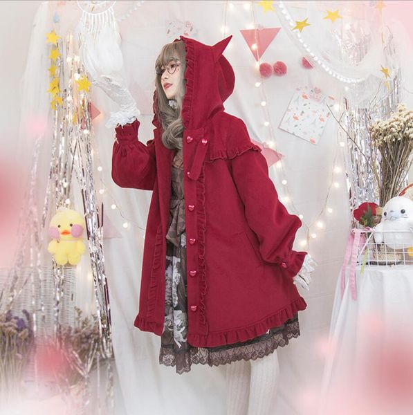

japanese sweet lolita overcoat 2019 autumn winter vintage falbala love button victorian coat kawaii girl gothic lolita coat r170, Black